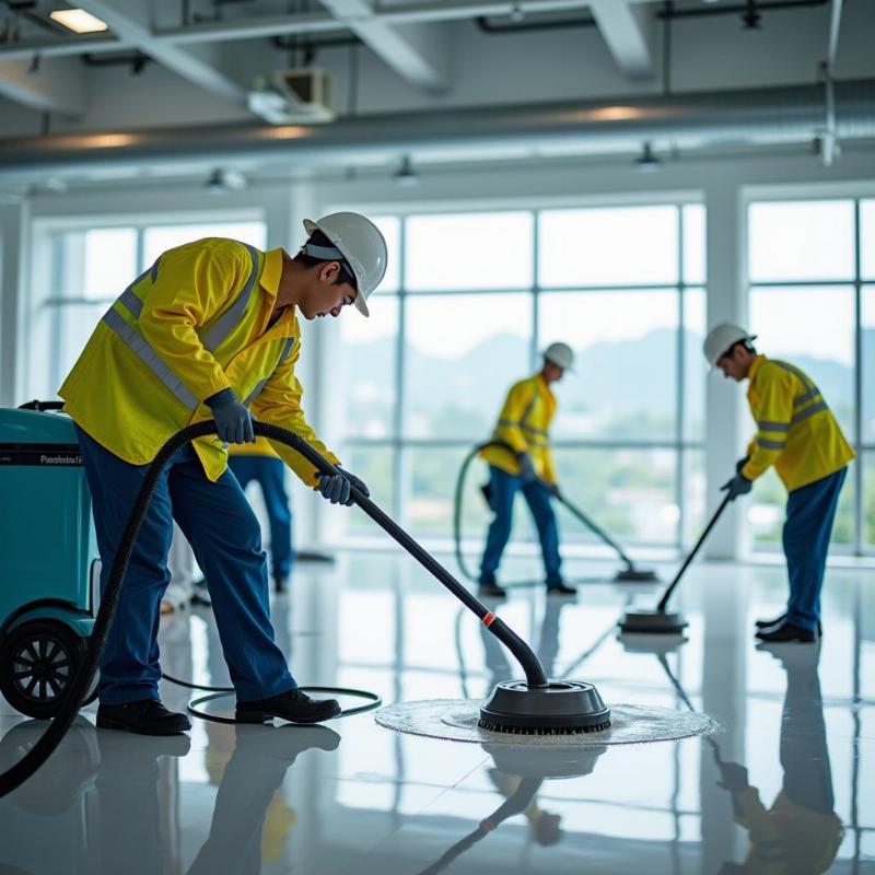 Hình ảnh đội ngũ nhân viên vệ sinh công nghiệp của Hồng Tâm Phát đang làm việc tại Nha Trang