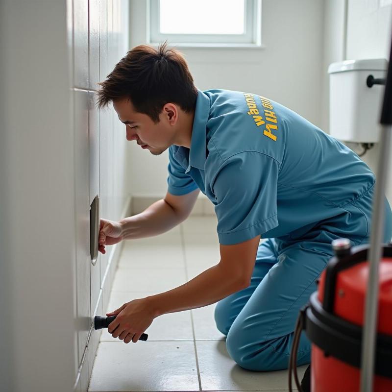 Hình ảnh kỹ thuật viên Hồng Tâm Phát đang khảo sát và chuẩn bị xử lý mùi hôi trong nhà vệ sinh