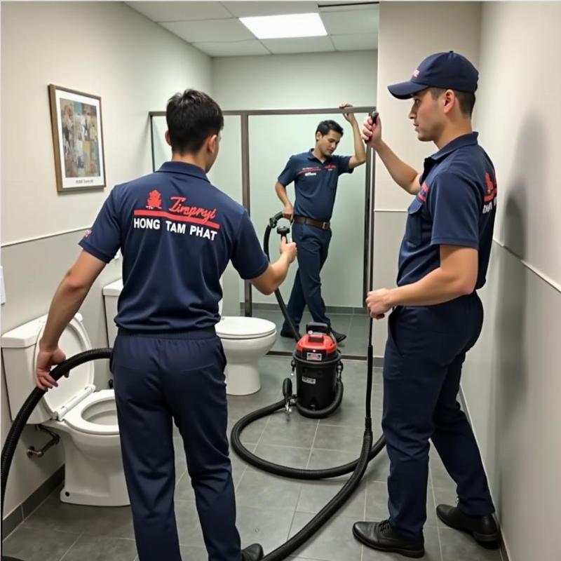 Đội ngũ chuyên gia Hồng Tâm Phát sử dụng thiết bị hiện đại để khử mùi và làm sạch nhà vệ sinh