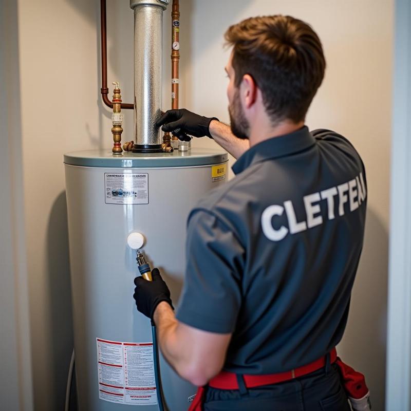 Kỹ thuật viên vệ sinh bình nóng lạnh tại nhà của Hồng Tâm Phát đang thực hiện dịch vụ.