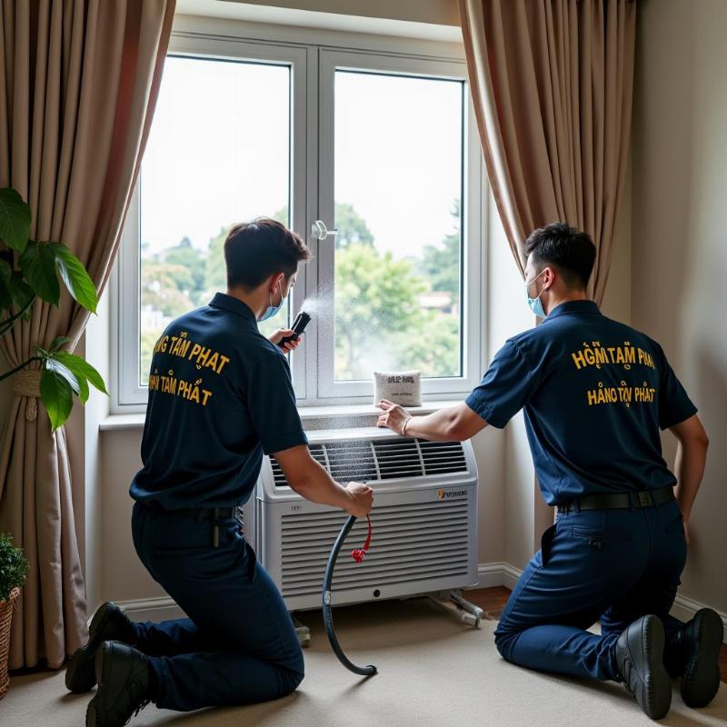 Kỹ thuật viên Hồng Tâm Phát thực hiện quy trình vệ sinh máy lạnh quận 10 tại nhà chuyên nghiệp