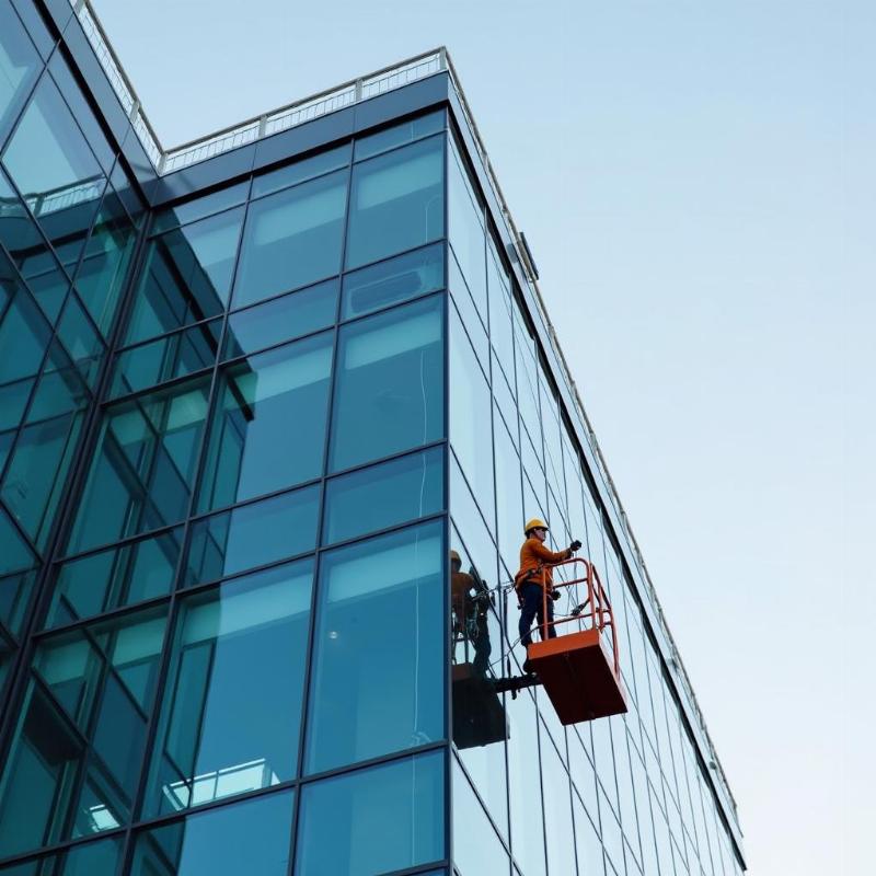 Dịch vụ vệ sinh kính mặt ngoài tòa nhà công nghiệp tại Đà Nẵng bởi Hồng Tâm Phát.