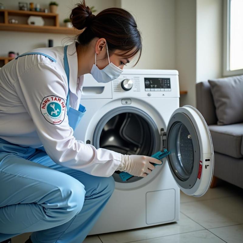 Hình ảnh nhân viên Hồng Tâm Phát vệ sinh lồng máy giặt tại nhà quận 10, đảm bảo sạch khuẩn.