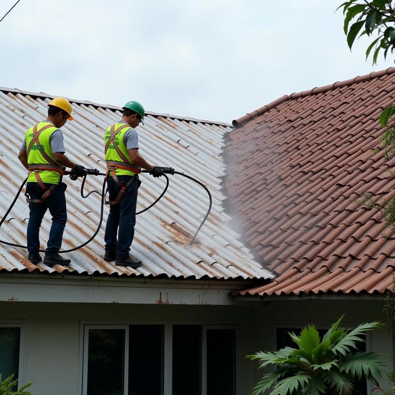 Đội ngũ Hồng Tâm Phát vệ sinh mái tôn tại nhà ở TP.HCM chuyên nghiệp, đảm bảo an toàn và sạch sẽ.