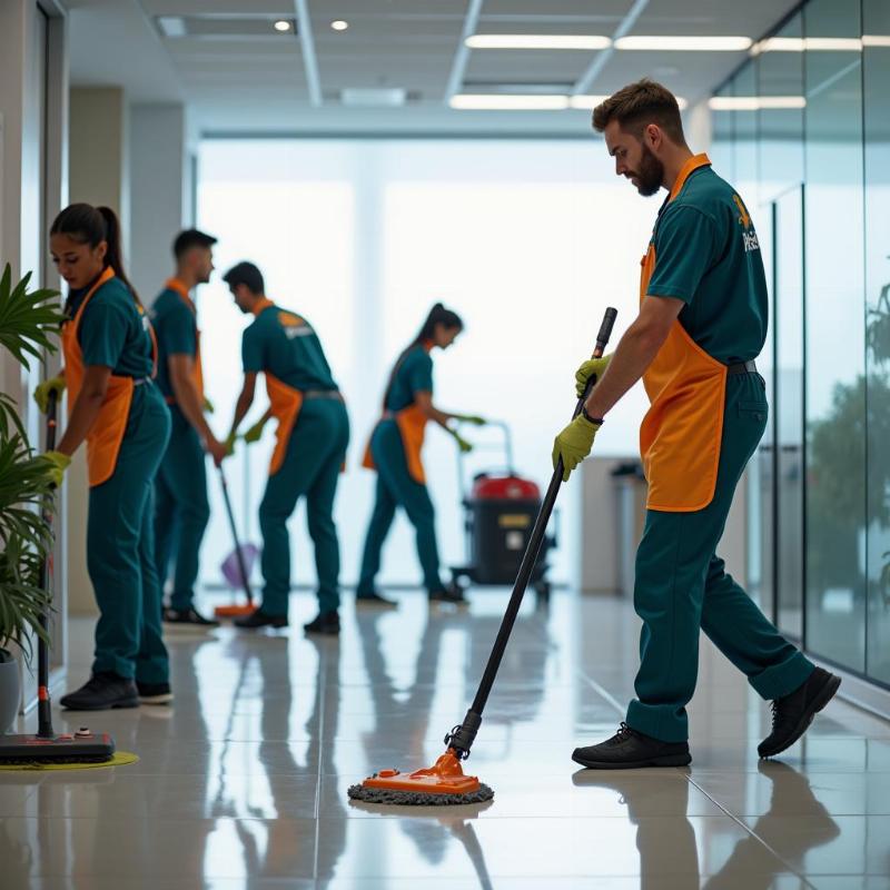Đội ngũ chuyên nghiệp của Hồng Tâm Phát đang thực hiện dịch vụ vệ sinh văn phòng tại TP.HCM